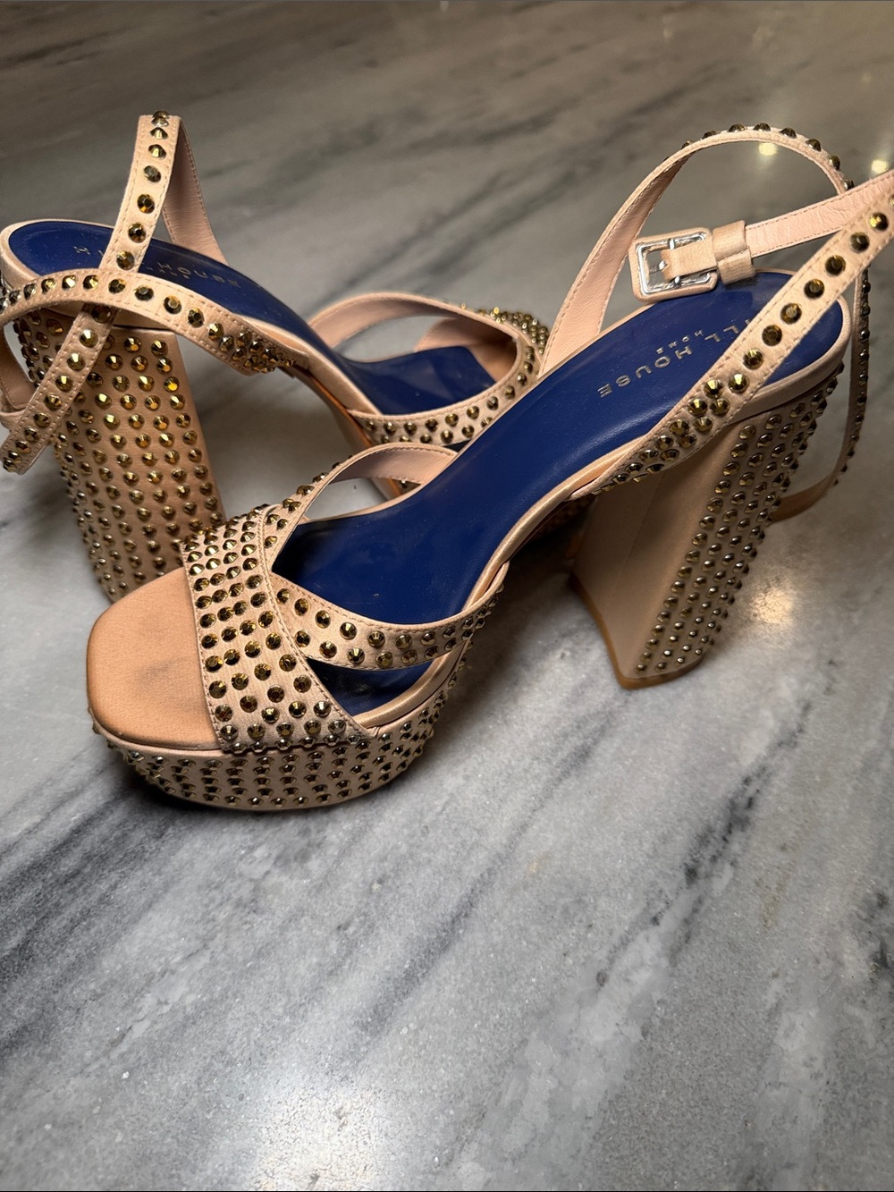 Hill House Nude Studded Platform Block Heels with Blue Insole